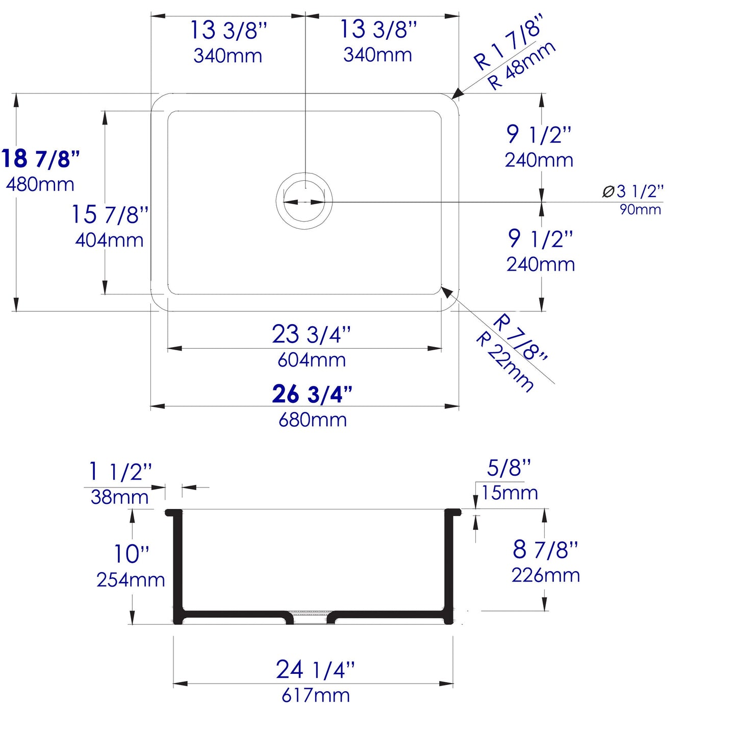 ALFI brand ABF2718UD 27" x 18" Fireclay Undermount / Drop In Firelcay Kitchen Sink