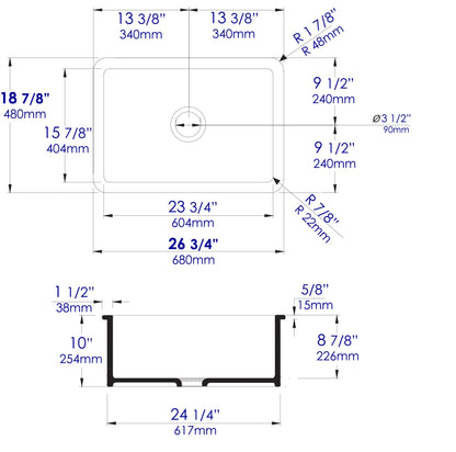 ALFI brand ABF2718UD 27" x 18" Fireclay Undermount / Drop In Firelcay Kitchen Sink