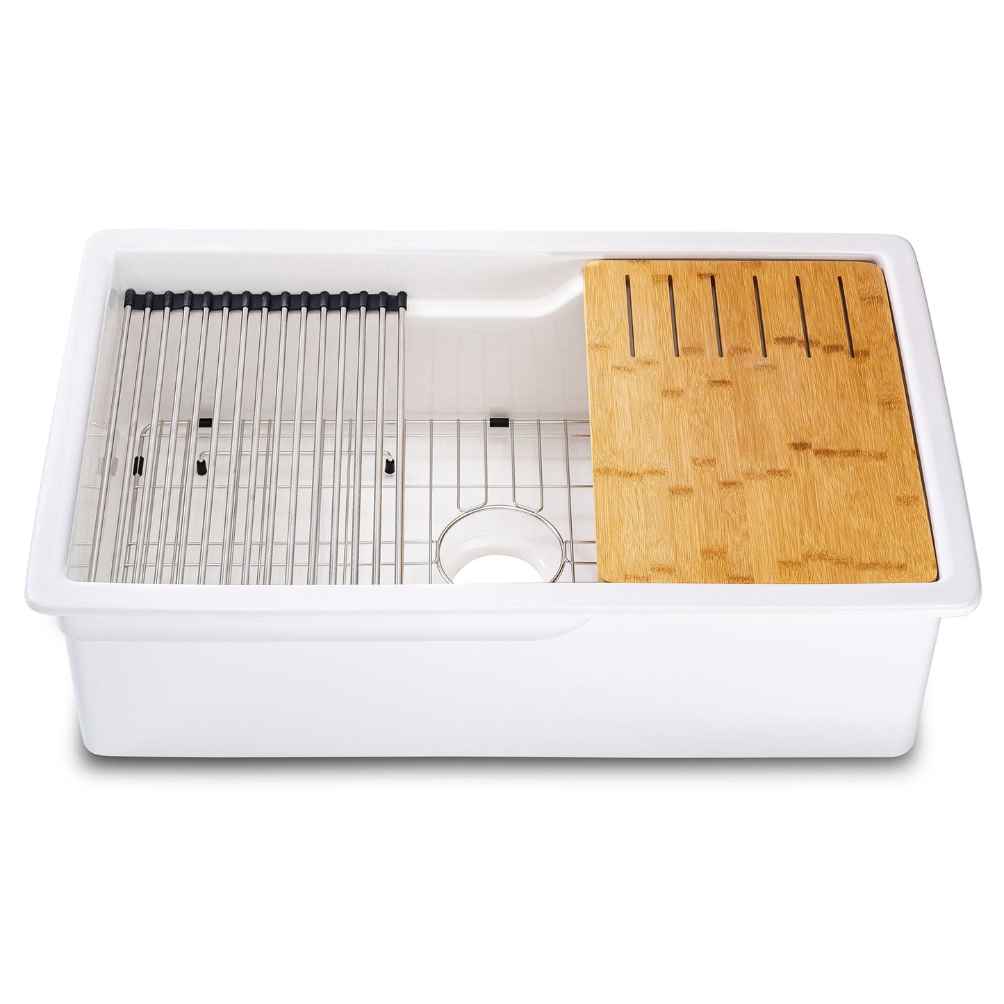 ALFI brand ABFS3219SUD ABFS3219SUD-W  White 32" x 19" Workstation Step Rim Single Bowl Fireclay Undermount / Drop In Kitchen Sink