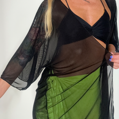 Sheer Black Mesh Kimono Cover Up