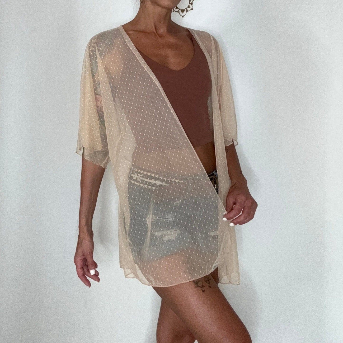 Sheer Neutral Mesh Kimono Cover Up