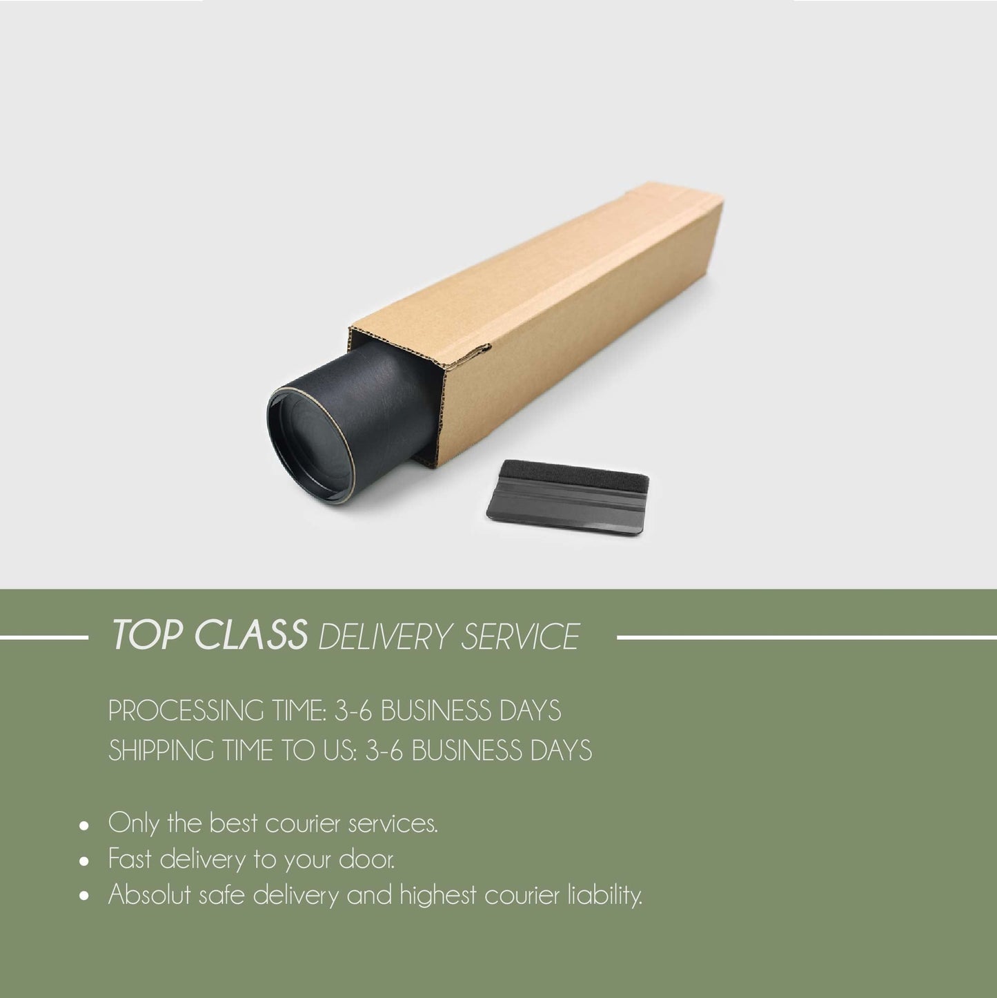 Cardboard tube with black end cap and text about delivery service.