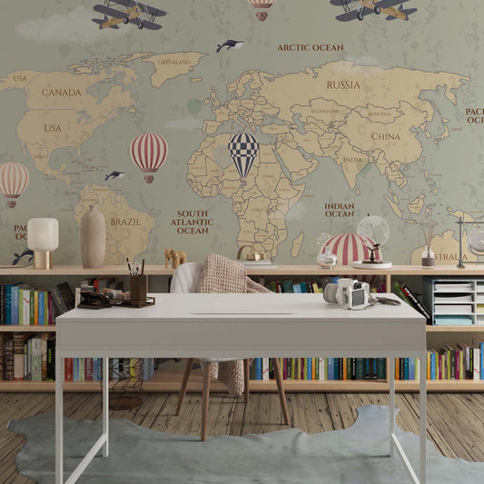 Beige world explorer map mural | Kitchen + Metal