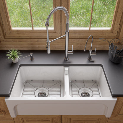 ALFI brand AB3618ARCH Arched Apron Thick Wall Fireclay Double Bowl Farm Sink