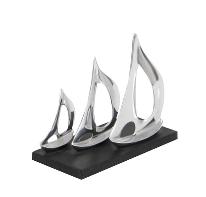 Silver Aluminum Metal Sailboat Decorative Sculpture with Black Base