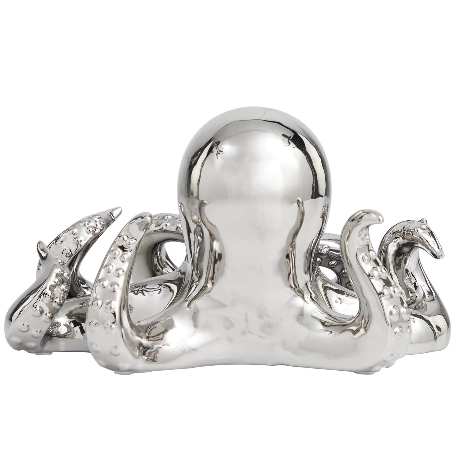 Silver Ceramic Octopus Decorative Sculpture with Textured Tentacles