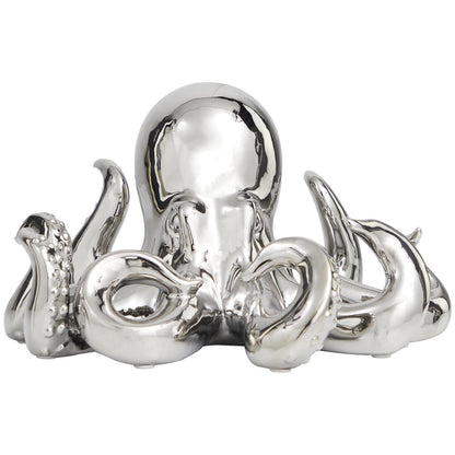 Silver Ceramic Octopus Decorative Sculpture with Textured Tentacles