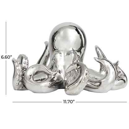 Silver Ceramic Octopus Decorative Sculpture with Textured Tentacles