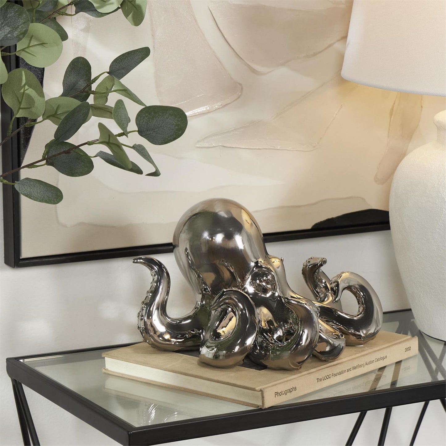 Silver Ceramic Octopus Decorative Sculpture with Textured Tentacles