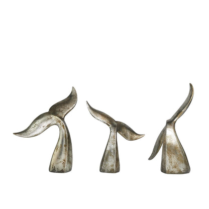 Silver Polystone Whale Decorative Sculpture with Various Sized Tails and Copper Distressing