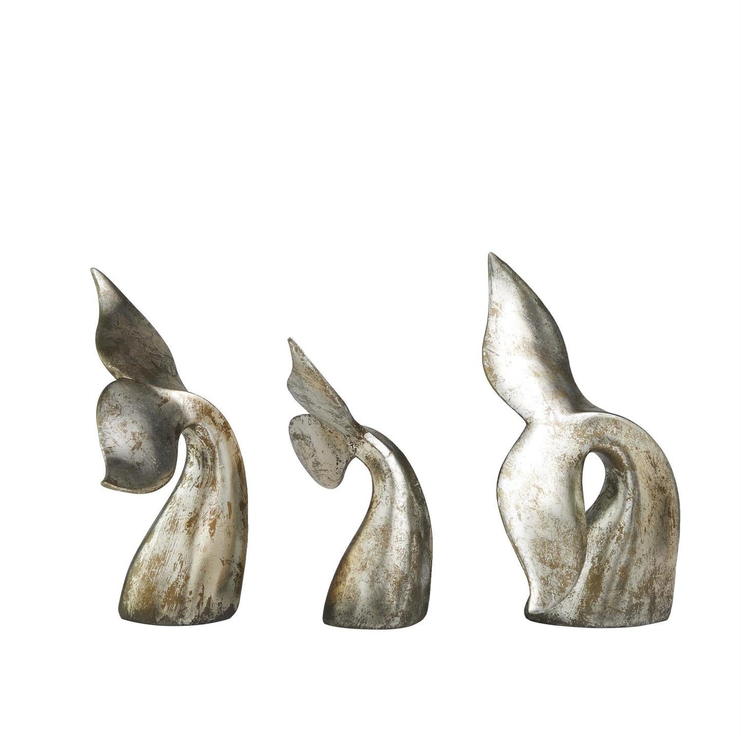 Silver Polystone Whale Decorative Sculpture with Various Sized Tails and Copper Distressing