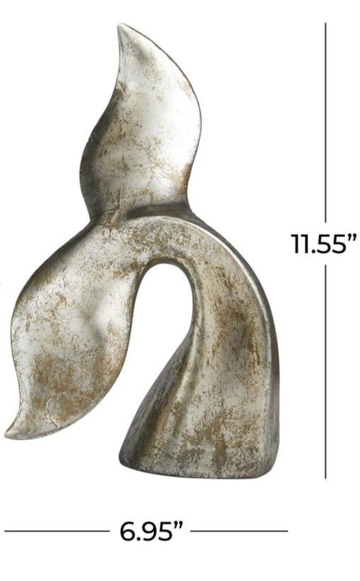 Silver Polystone Whale Decorative Sculpture with Various Sized Tails and Copper Distressing