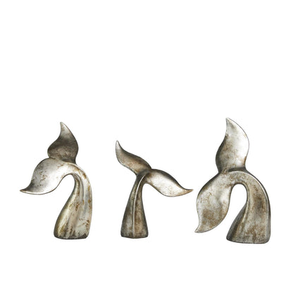 Silver Polystone Whale Decorative Sculpture with Various Sized Tails and Copper Distressing