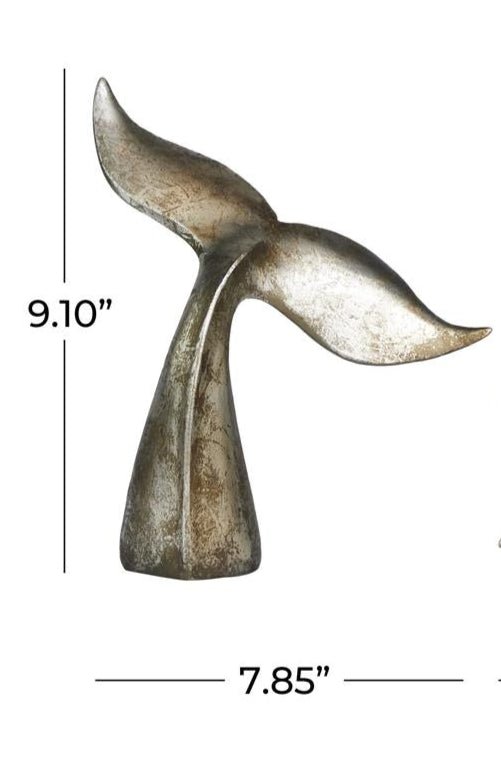 Silver Polystone Whale Decorative Sculpture with Various Sized Tails and Copper Distressing