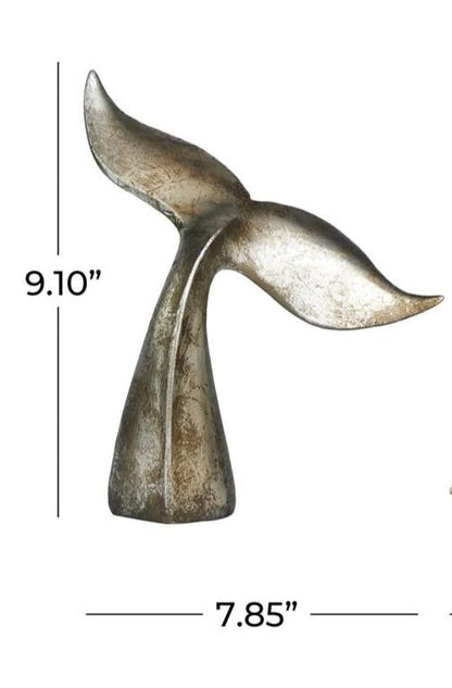Silver Polystone Whale Decorative Sculpture with Various Sized Tails and Copper Distressing