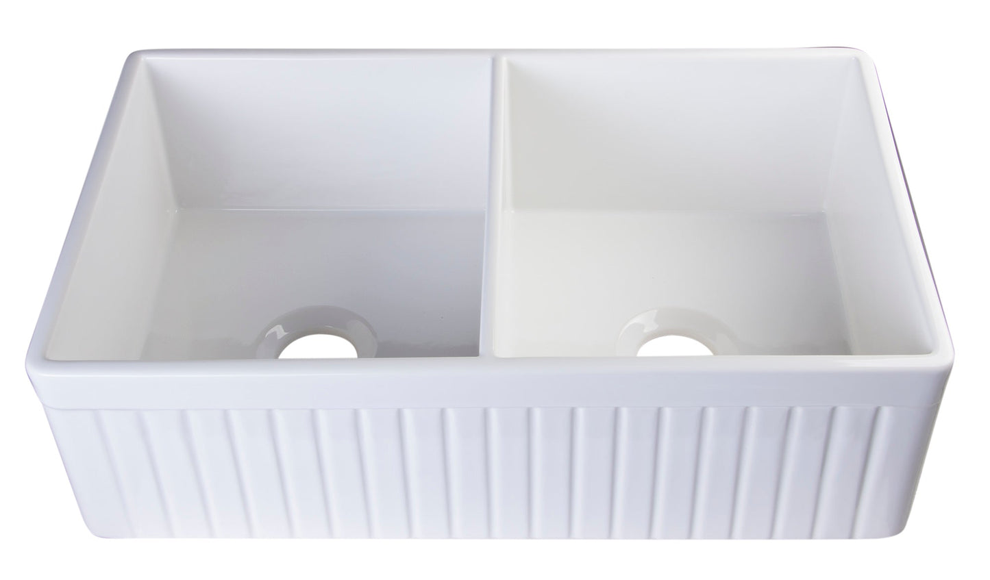 ALFI brand AB537 AB537-W White 32" Fluted Apron Double Bowl Fireclay Farmhouse Kitchen Sink