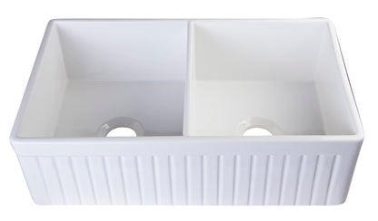 ALFI brand AB537 AB537-W White 32" Fluted Apron Double Bowl Fireclay Farmhouse Kitchen Sink