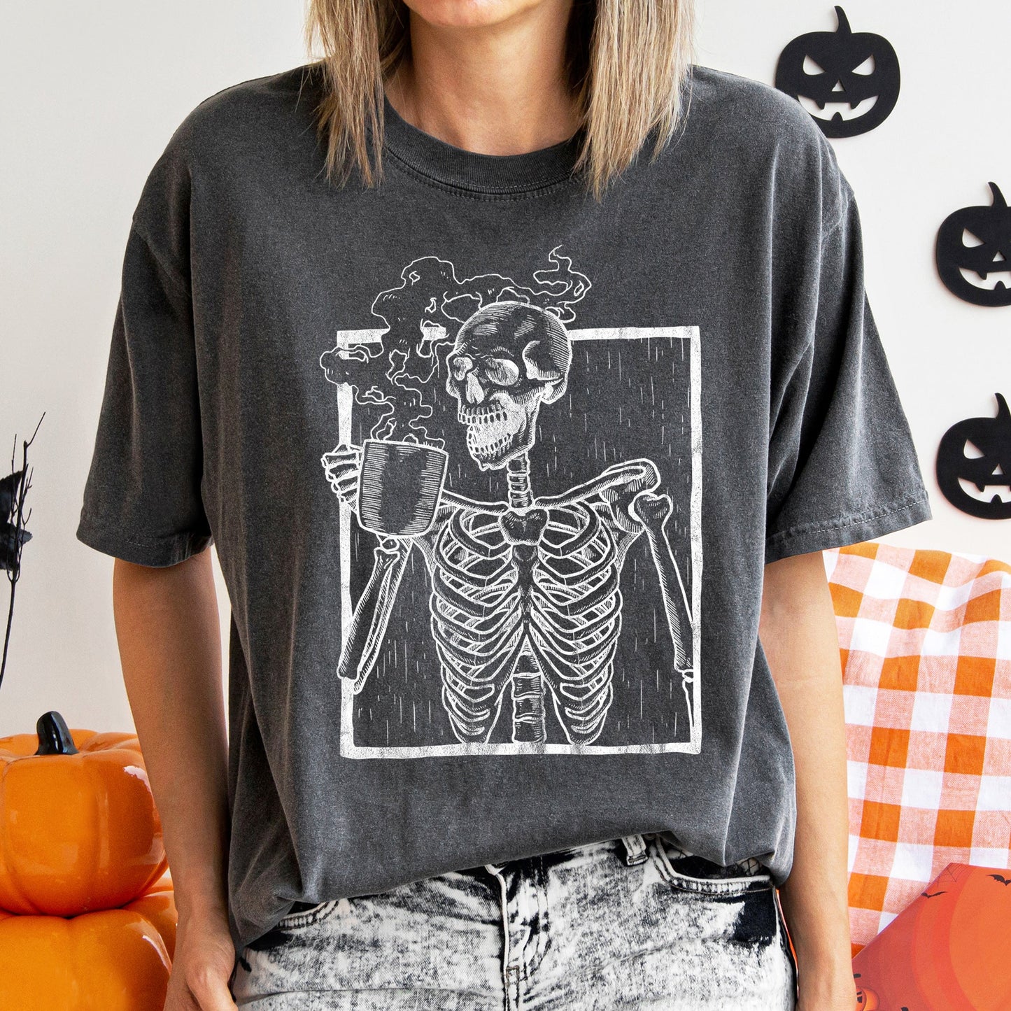 Skeleton And Coffee Retro Halloween Comfort Colors Tshirt