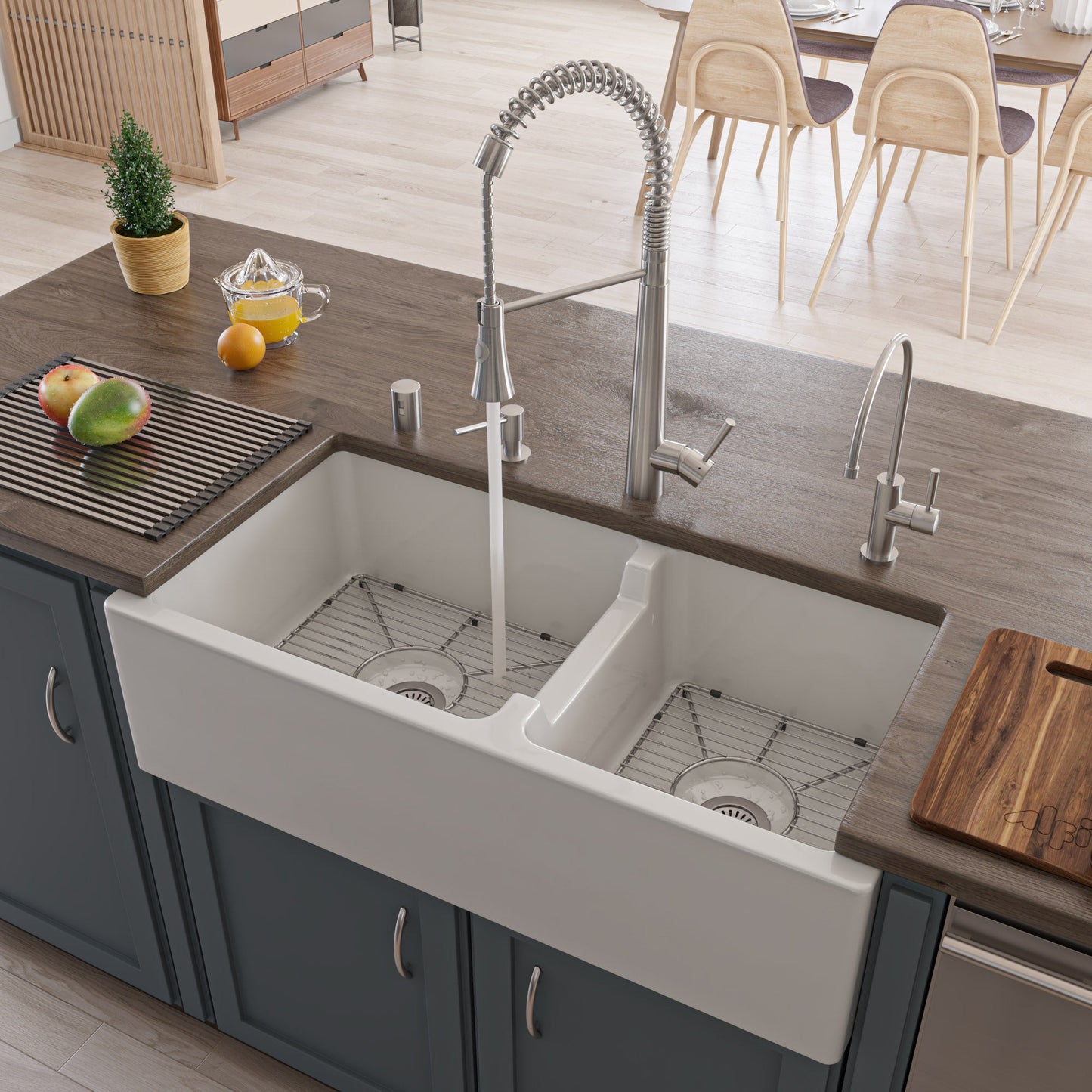 ALFI brand AB3618DB Smooth Apron Thick Wall Fireclay Double Bowl Farm Sink