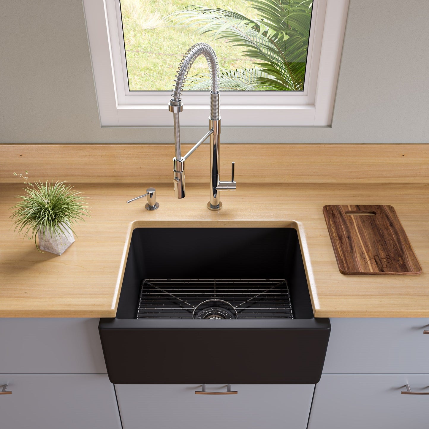 ALFI brand AB2418HS AB2418HS-B 24 inch Biscuit Reversible Smooth / Fluted Single Bowl Fireclay Farm Sink