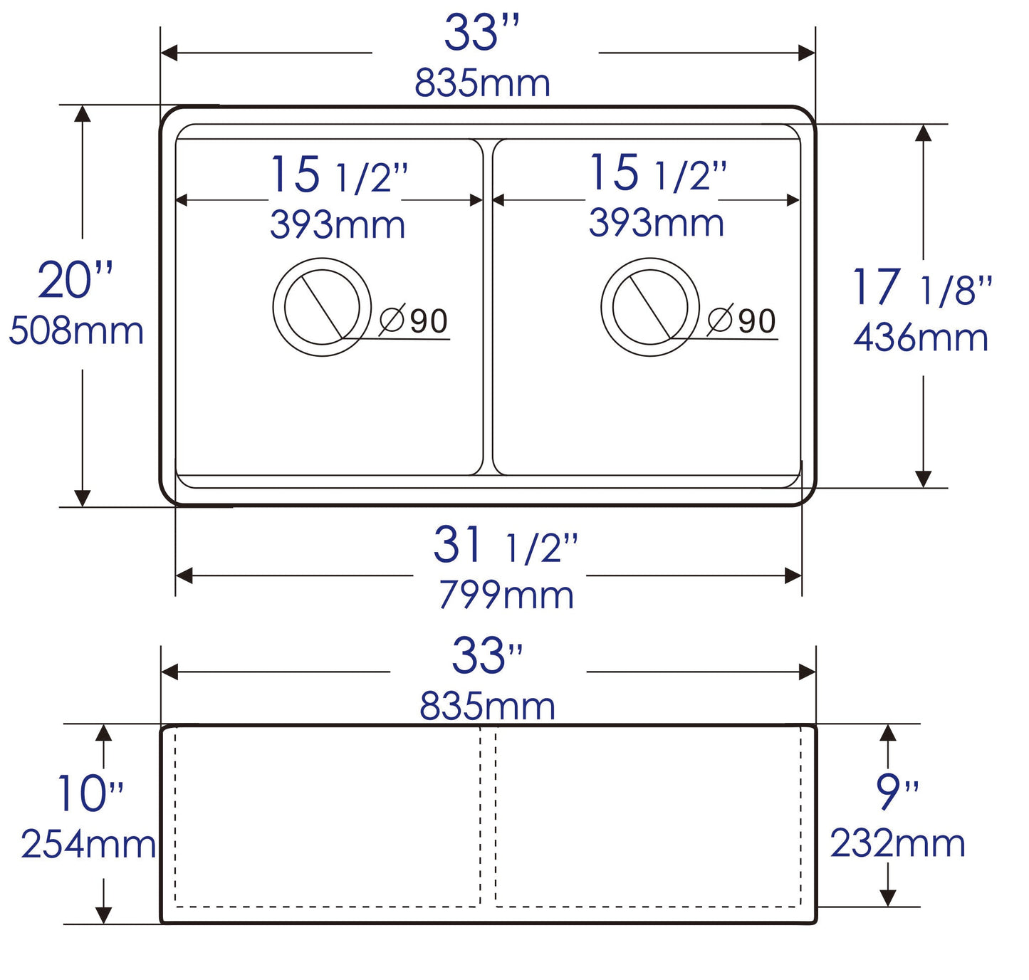 ALFI brand ABFS3320D Workstation 33" x 20" Double Bowl Step Rim Fireclay Farm Sink with Accessories