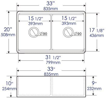 ALFI brand ABFS3320D Workstation 33" x 20" Double Bowl Step Rim Fireclay Farm Sink with Accessories
