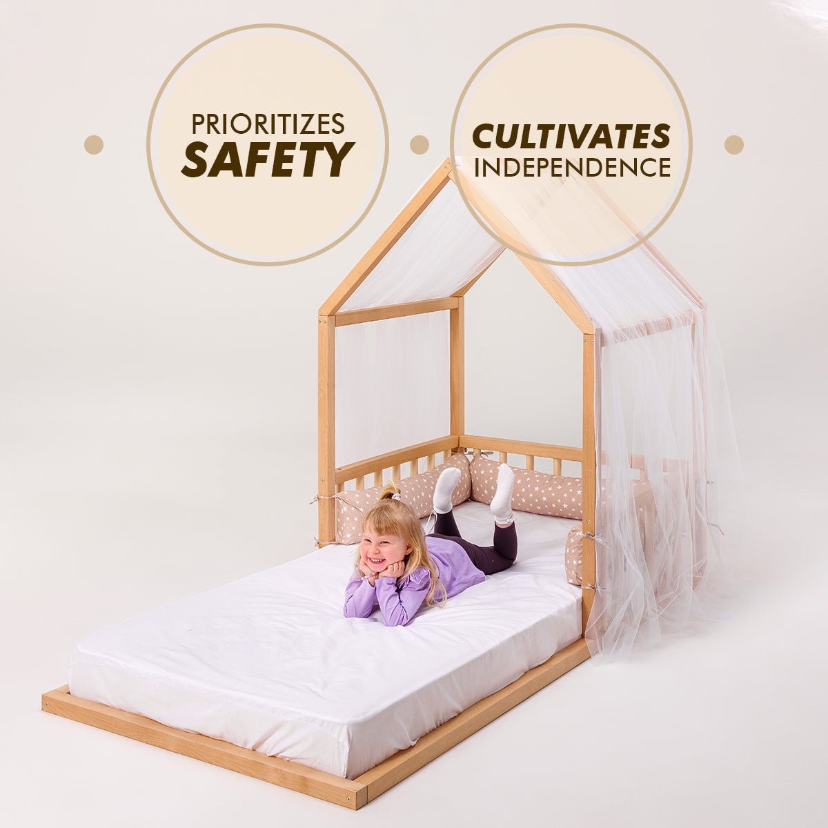 Wooden Montessori House Floor Bed with Fence and Roof for Kids (190x90 cm)