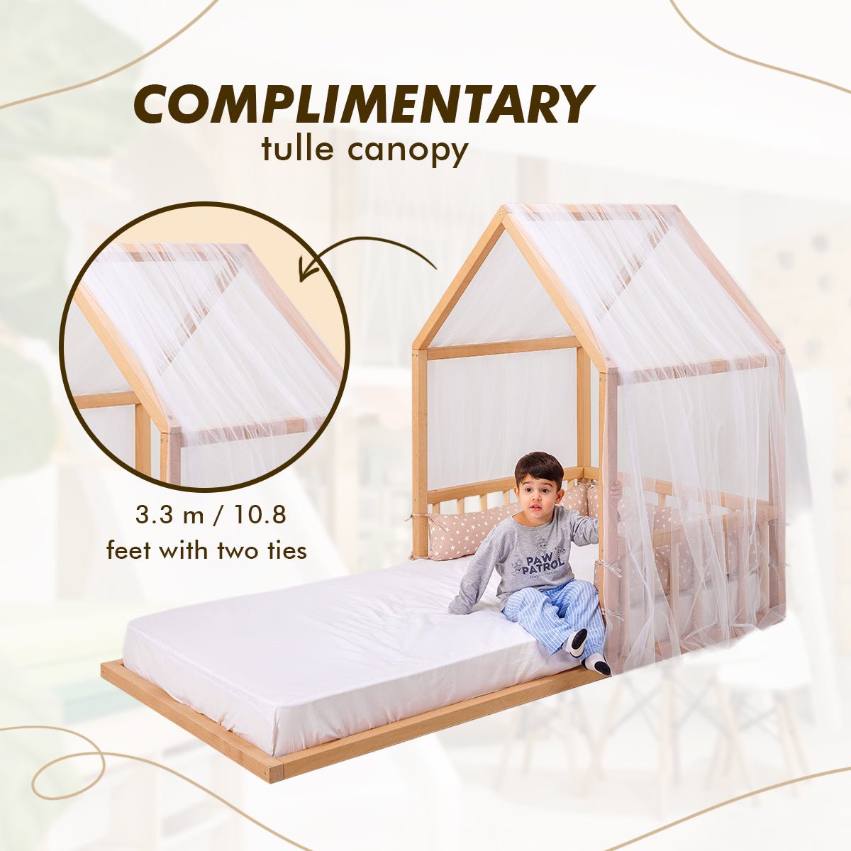 Small Wooden Montessori House Floor Bed with Fence and Roof for Kids (75x38 inch)