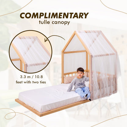 Small Wooden Montessori House Floor Bed with Fence and Roof for Kids (75x38 inch)