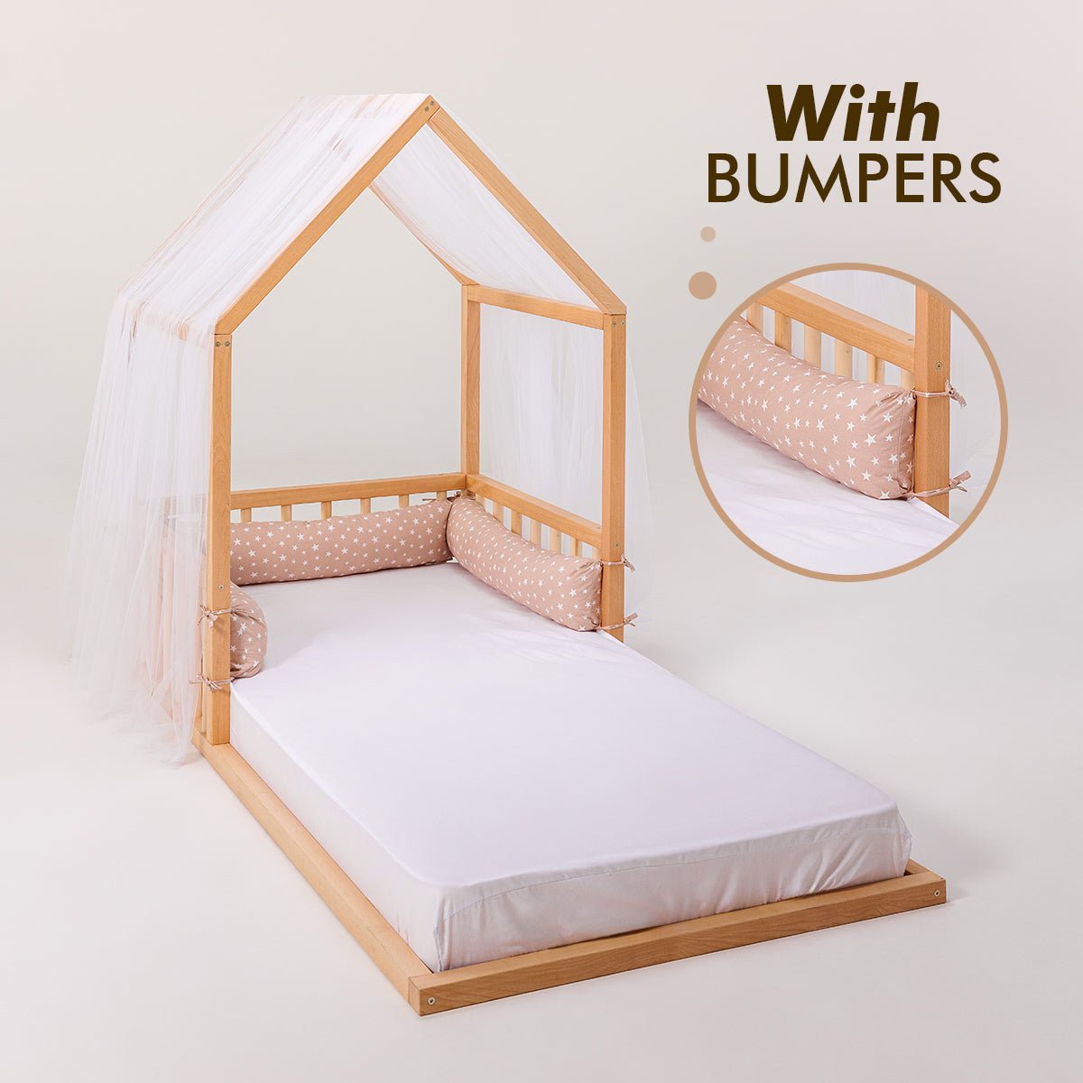 Wooden Montessori House Floor Bed with Fence and Roof for Kids (190x90 cm)