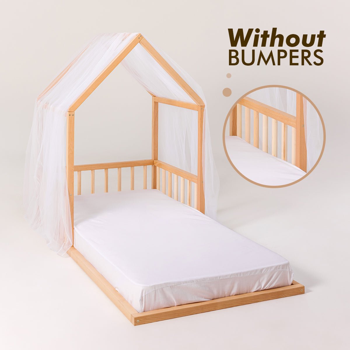Wooden Montessori House Floor Bed with Fence and Roof for Kids (190x90 cm)