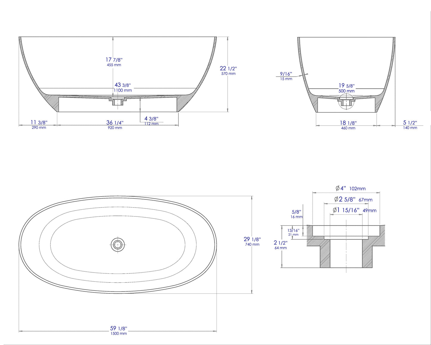 ALFI brand  AB9975 59" White Oval Solid Surface Resin Soaking Bathtub