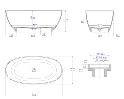 ALFI brand  AB9975 59" White Oval Solid Surface Resin Soaking Bathtub