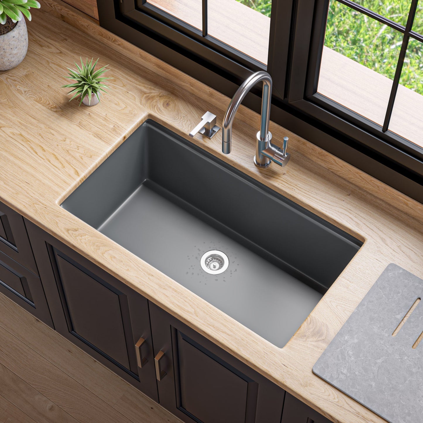 ALFI brand AB3418SBUM 33" Granite Composite Workstation Step Rim Single Bowl Undermount Sink with Accessories