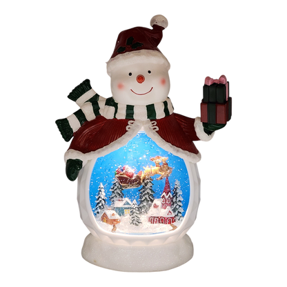 B/O Lighted Musical Spinning Water Globe Snowman with Holiday Scene Red Coat