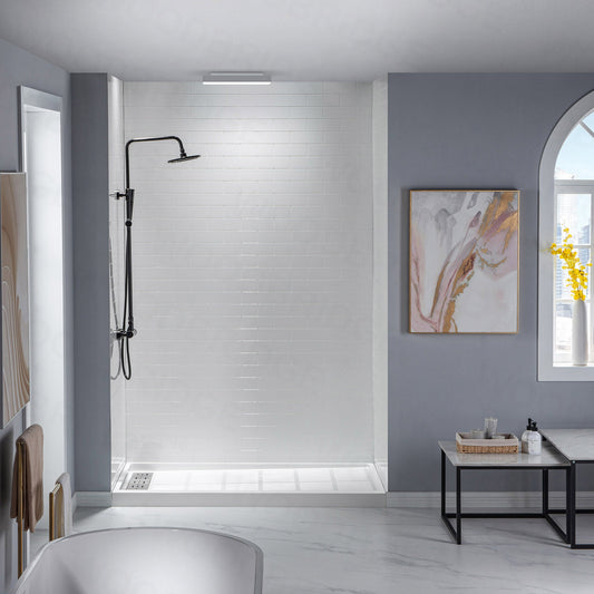 WOODBRIDGE Solid Surface 60" W x 96" H Tile Tub and Shower Wall Panel Surround, Quick Install, Cuttable, Staggered Brick Pattern
