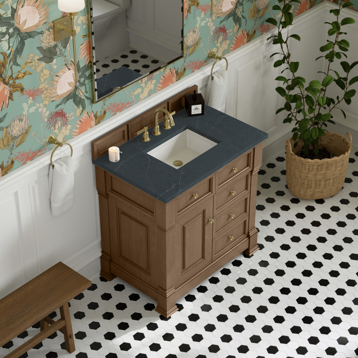 James Martin 547-V36 Brookfield 36” Single Vanity – Black Onyx / Honey Oak / Pearl Charcoal
