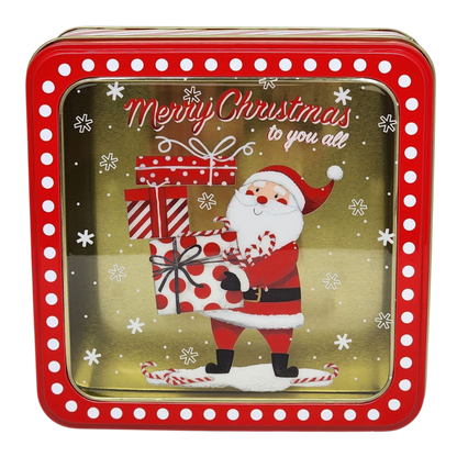 Square Cookie Tin with Window - Merry Christmas Santa with Gifts