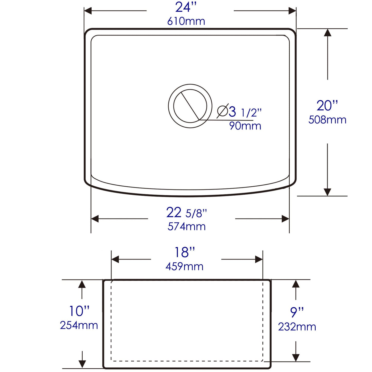 ALFI brand ABFC2420 ABFC2420-W White Smooth Curved Apron 24" x 20" Single Bowl Fireclay Farm Sink with Grid