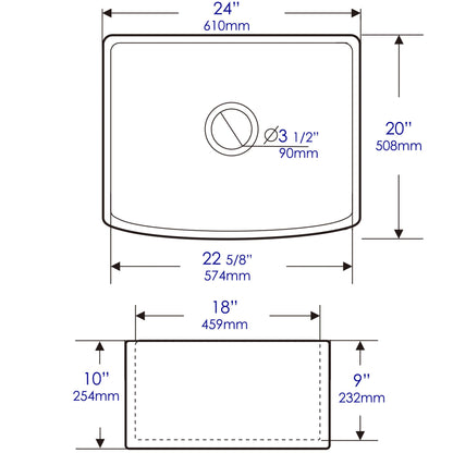 ALFI brand ABFC2420 ABFC2420-W White Smooth Curved Apron 24" x 20" Single Bowl Fireclay Farm Sink with Grid
