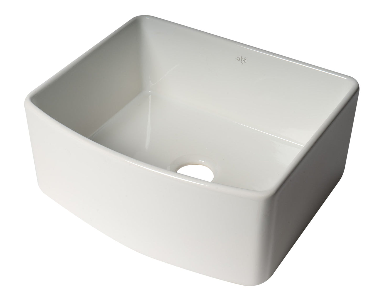 ALFI brand ABFC2420 ABFC2420-W White Smooth Curved Apron 24" x 20" Single Bowl Fireclay Farm Sink with Grid