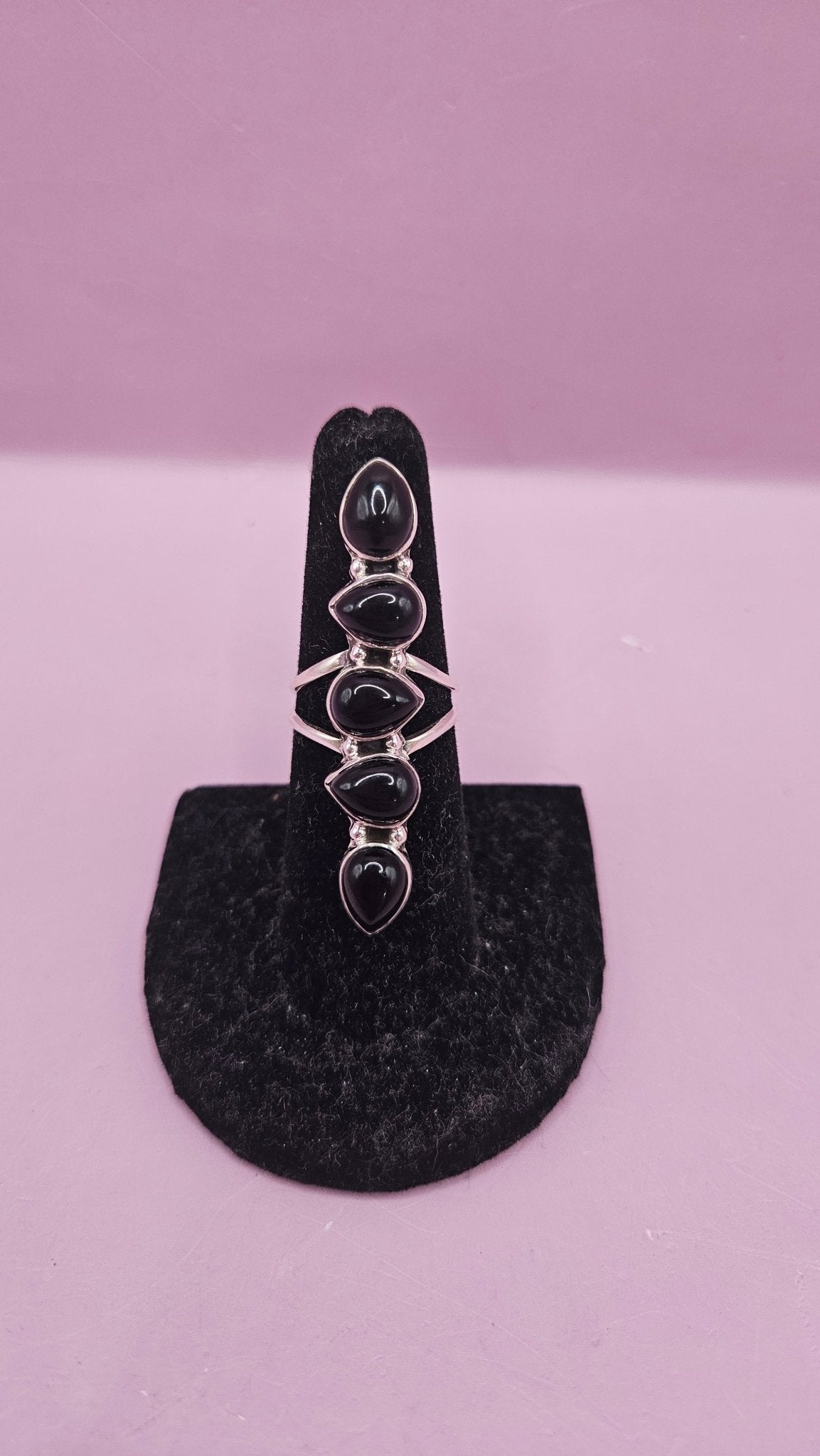 Sterling Silver Black Onyx Ring – Statement Multi-Stone Design (Size 7, 1.8")