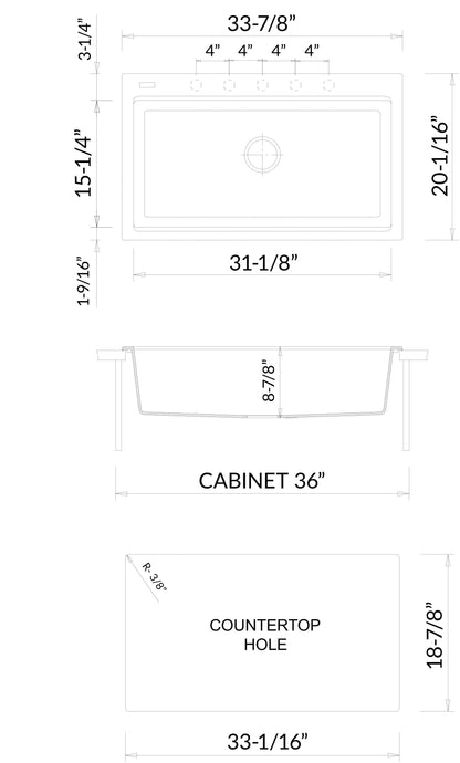 ALFI brand AB3418SBDI 33" Granite Composite Workstation Step Rim Single Bowl Drop In Sink with Accessories