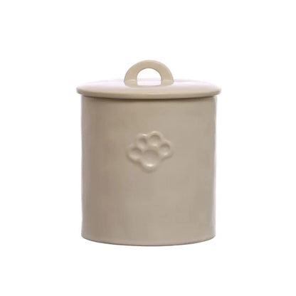 Stoneware Pet Treat Canister with Paw Print – Neutral Glaze