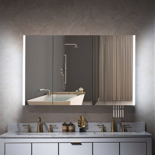 WOODBRIDGE Contemporary 48”W X 30"H Surface Mount Frameless Tri View Medicine Cabinet with Mirror Defogger and soft close Hinges