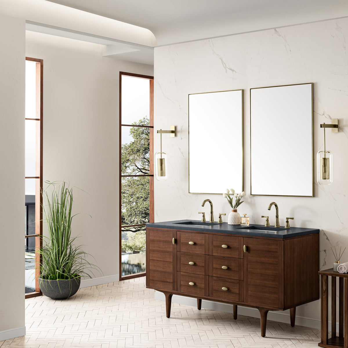 Amberly 60" Double Vanity Cabinet, Mid-Century Walnut