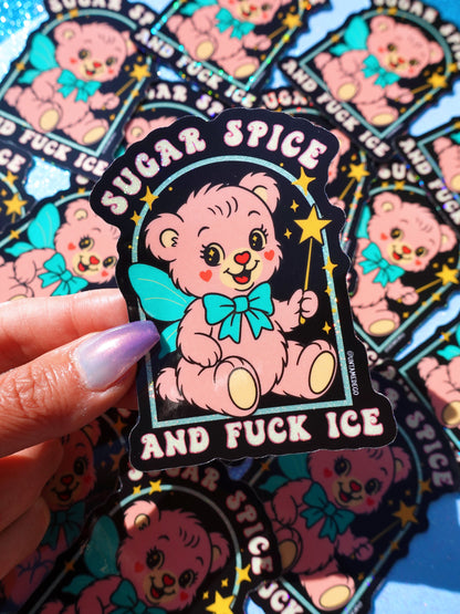 Sugar Spice and F*ck ICE Sticker – Retro Kawaii Bear Protest Vinyl Sticker – Anti-ICE Political Statement – Cute but Revolutionary Sticker