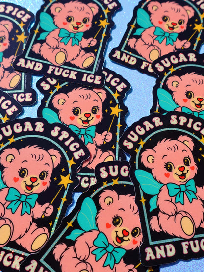 Sugar Spice and F*ck ICE Sticker – Retro Kawaii Bear Protest Vinyl Sticker – Anti-ICE Political Statement – Cute but Revolutionary Sticker