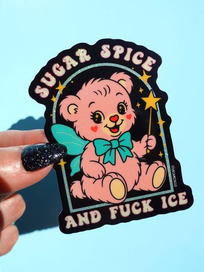 Sugar Spice and F*ck ICE Sticker – Retro Kawaii Bear Protest Vinyl Sticker – Anti-ICE Political Statement – Cute but Revolutionary Sticker