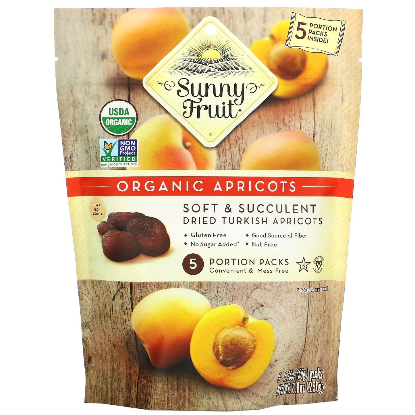 Sunny Fruit Organic Dried Apricots - Soft, Succulent, Vegan, Non-GMO, Gluten-Free Snack, 5 Pack